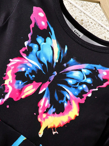 Girls Casual Tie-Dye Butterfly Print Long Sleeve Dress, Spring&Autumn
