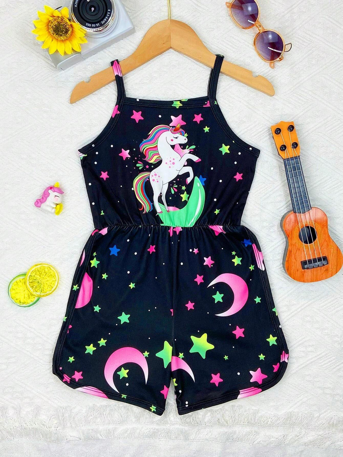 Girls' Casual Tie-Dye Star & Moon, Unicorn Printed Cami Jumpsuit Suitable For Spring & Summer, Gift Option