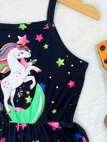 Girls' Casual Tie-Dye Star & Moon, Unicorn Printed Cami Jumpsuit Suitable For Spring & Summer, Gift Option