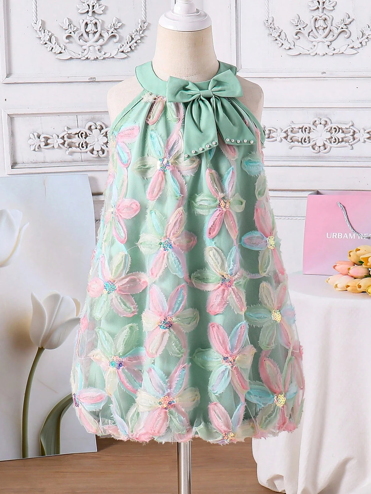 Girls Casual Vacation Refreshing Green Dress, Bow Decor, 3D Floral Fabric, Girls Dress, Summer Outfit, Children Princess Dress