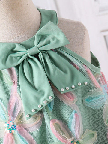 Girls Casual Vacation Refreshing Green Dress, Bow Decor, 3D Floral Fabric, Girls Dress, Summer Outfit, Children Princess Dress