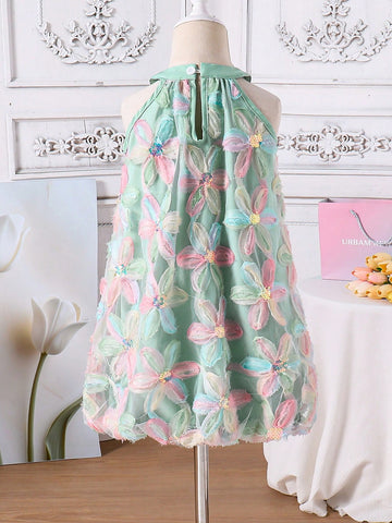 Girls Casual Vacation Refreshing Green Dress, Bow Decor, 3D Floral Fabric, Girls Dress, Summer Outfit, Children Princess Dress