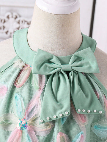 Girls Casual Vacation Refreshing Green Dress, Bow Decor, 3D Floral Fabric, Girls Dress, Summer Outfit, Children Princess Dress