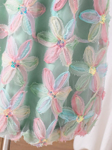 Girls Casual Vacation Refreshing Green Dress, Bow Decor, 3D Floral Fabric, Girls Dress, Summer Outfit, Children Princess Dress