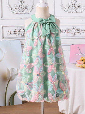 Girls Casual Vacation Refreshing Green Dress, Bow Decor, 3D Floral Fabric, Girls Dress, Summer Outfit, Children Princess Dress