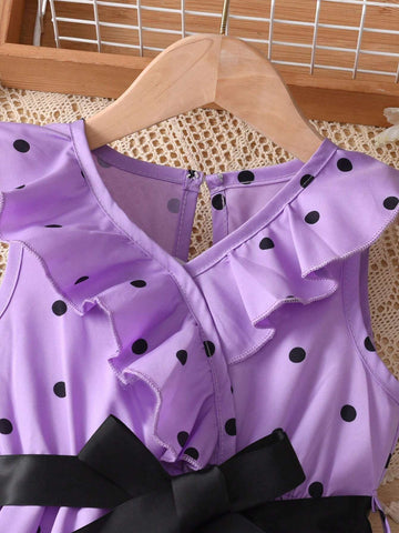 Girls' Casual Vacation Style Polka Dot Printed Sleeveless Dress With V-Neck, Asymmetrical Hem And Ruffle Trim, A-Line Silhouette, With Belt