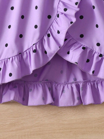 Girls' Casual Vacation Style Polka Dot Printed Sleeveless Dress With V-Neck, Asymmetrical Hem And Ruffle Trim, A-Line Silhouette, With Belt