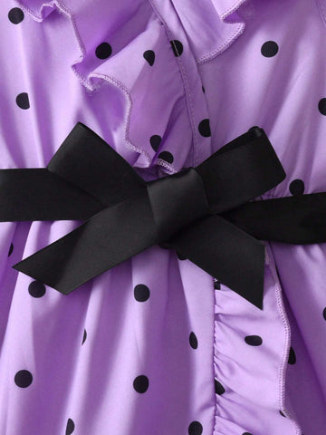 Girls' Casual Vacation Style Polka Dot Printed Sleeveless Dress With V-Neck, Asymmetrical Hem And Ruffle Trim, A-Line Silhouette, With Belt