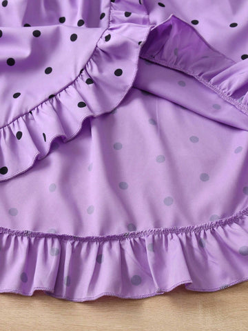 Girls' Casual Vacation Style Polka Dot Printed Sleeveless Dress With V-Neck, Asymmetrical Hem And Ruffle Trim, A-Line Silhouette, With Belt
