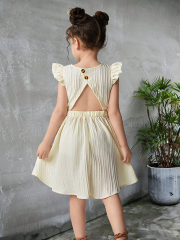 Girls' Casual Vacation Versatile Ruffled Hollow Back Belted A-Line Woven Striped Dress