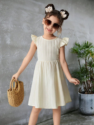 Girls' Casual Vacation Versatile Ruffled Hollow Back Belted A-Line Woven Striped Dress