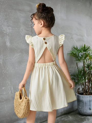 Girls' Casual Vacation Versatile Ruffled Hollow Back Belted A-Line Woven Striped Dress