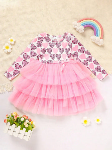 Girls Casual Valentine's Day Dress, Heart Print Contrast Mesh Bow Decor