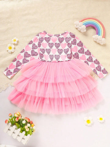 Girls Casual Valentine's Day Dress, Heart Print Contrast Mesh Bow Decor