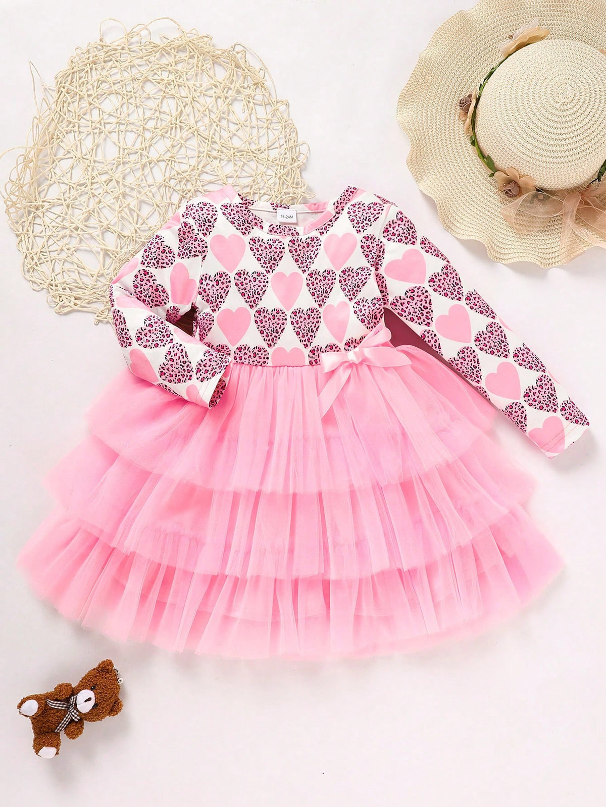 Girls Casual Valentine's Day Dress, Heart Print Contrast Mesh Bow Decor