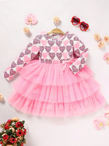 Girls Casual Valentine's Day Dress, Heart Print Contrast Mesh Bow Decor