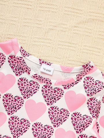 Girls Casual Valentine's Day Dress, Heart Print Contrast Mesh Bow Decor
