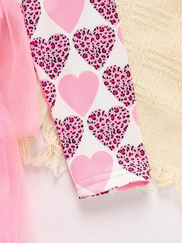 Girls Casual Valentine's Day Dress, Heart Print Contrast Mesh Bow Decor