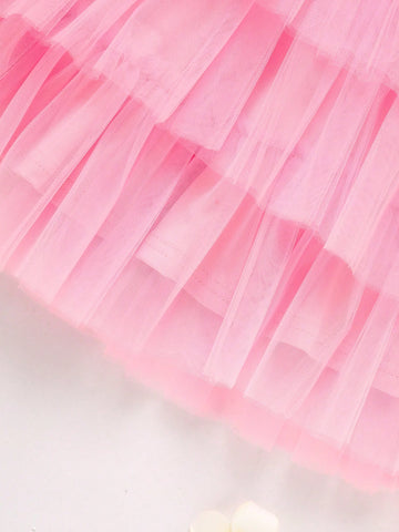 Girls Casual Valentine's Day Dress, Heart Print Contrast Mesh Bow Decor