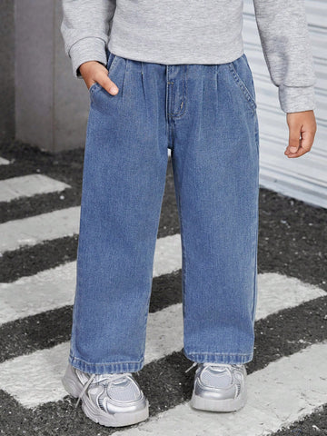 Girls Casual Versatile Drawstring Waist Washed Blue Wide Leg Denim Jeans