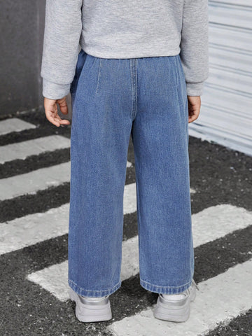 Girls Casual Versatile Drawstring Waist Washed Blue Wide Leg Denim Jeans