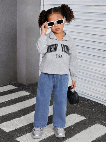 Girls Casual Versatile Drawstring Waist Washed Blue Wide Leg Denim Jeans