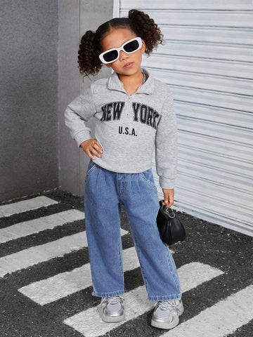 Girls Casual Versatile Drawstring Waist Washed Blue Wide Leg Denim Jeans