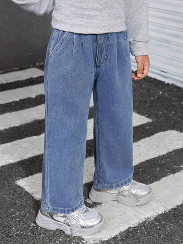 Girls Casual Versatile Drawstring Waist Washed Blue Wide Leg Denim Jeans