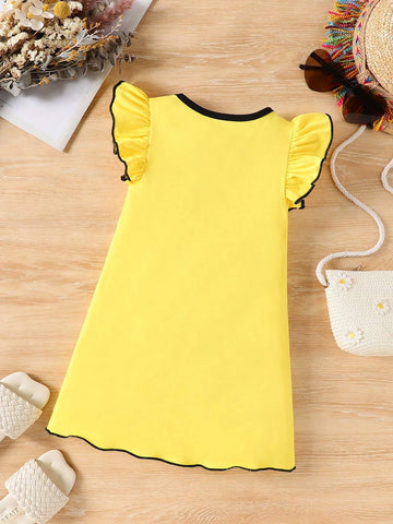 Girls' Cat & Heart Printed Color Block Round Neck Swing Dress With Flutter Sleeves