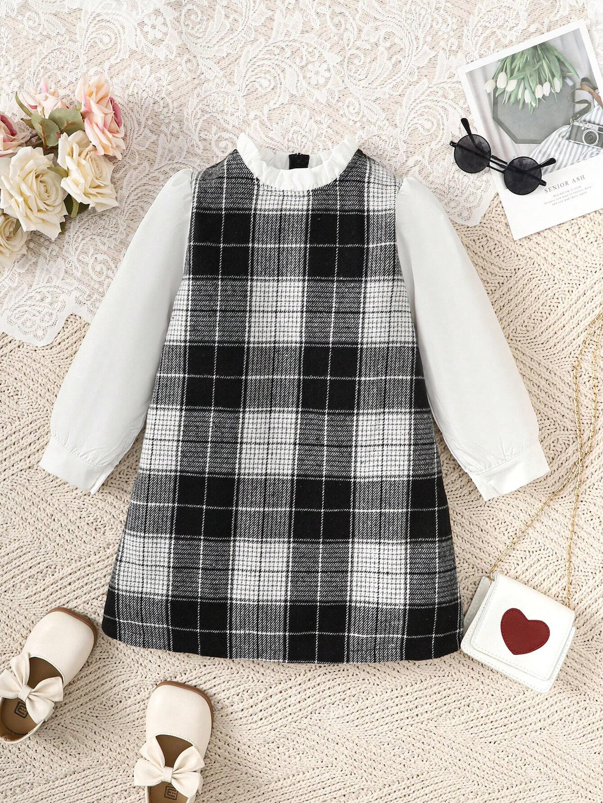 Girls' Checker Pattern Patchwork Shirt Sleeve Casual Cute Dress, Classic Look