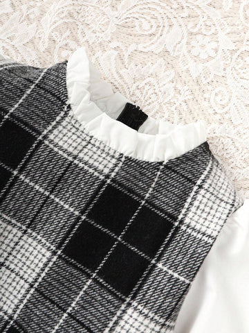 Girls' Checker Pattern Patchwork Shirt Sleeve Casual Cute Dress, Classic Look