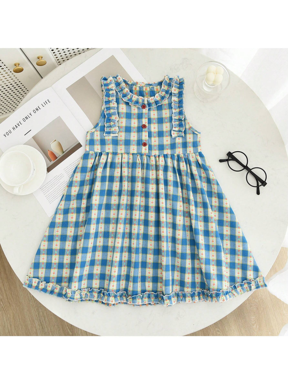 Girls Checkered Ditsy Floral Ruffle Hem Patchwork Sleeveless Mini Dress, Summer Sweet Casual Princess Dress