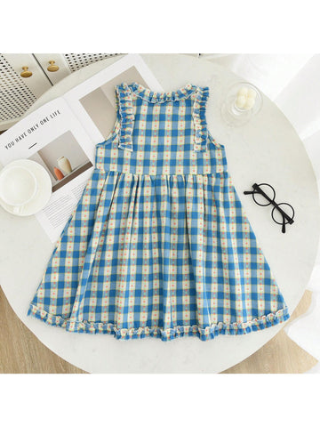 Girls Checkered Ditsy Floral Ruffle Hem Patchwork Sleeveless Mini Dress, Summer Sweet Casual Princess Dress