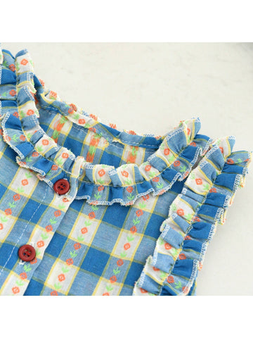 Girls Checkered Ditsy Floral Ruffle Hem Patchwork Sleeveless Mini Dress, Summer Sweet Casual Princess Dress