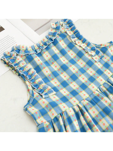 Girls Checkered Ditsy Floral Ruffle Hem Patchwork Sleeveless Mini Dress, Summer Sweet Casual Princess Dress