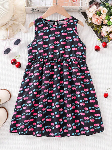 Girls' Cherry Printed Sleeveless A-Line Dress, Summer Casual And Cute