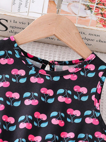 Girls' Cherry Printed Sleeveless A-Line Dress, Summer Casual And Cute