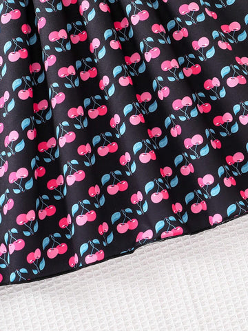 Girls' Cherry Printed Sleeveless A-Line Dress, Summer Casual And Cute