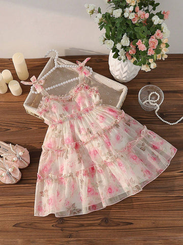 Girls' Chiffon Floral Spaghetti Strap Cake Dress
