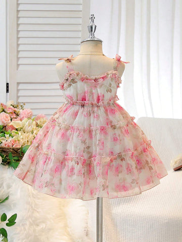 Girls' Chiffon Floral Spaghetti Strap Cake Dress