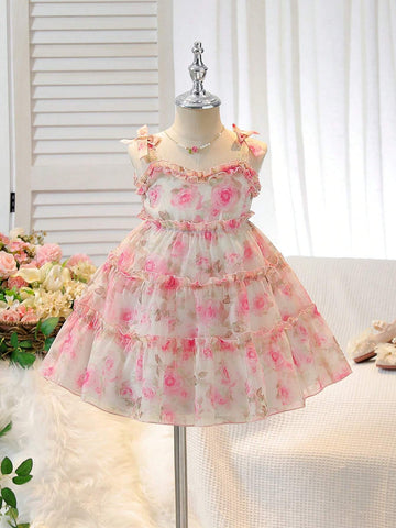 Girls' Chiffon Floral Spaghetti Strap Cake Dress
