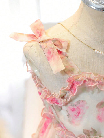 Girls' Chiffon Floral Spaghetti Strap Cake Dress