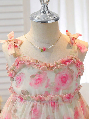 Girls' Chiffon Floral Spaghetti Strap Cake Dress