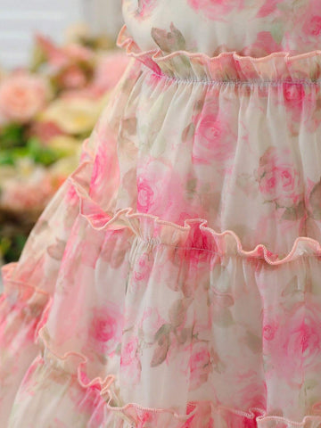 Girls' Chiffon Floral Spaghetti Strap Cake Dress