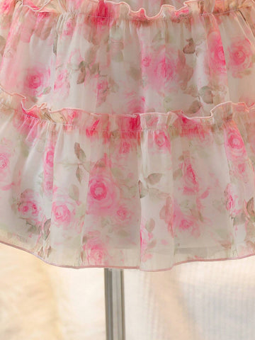 Girls' Chiffon Floral Spaghetti Strap Cake Dress