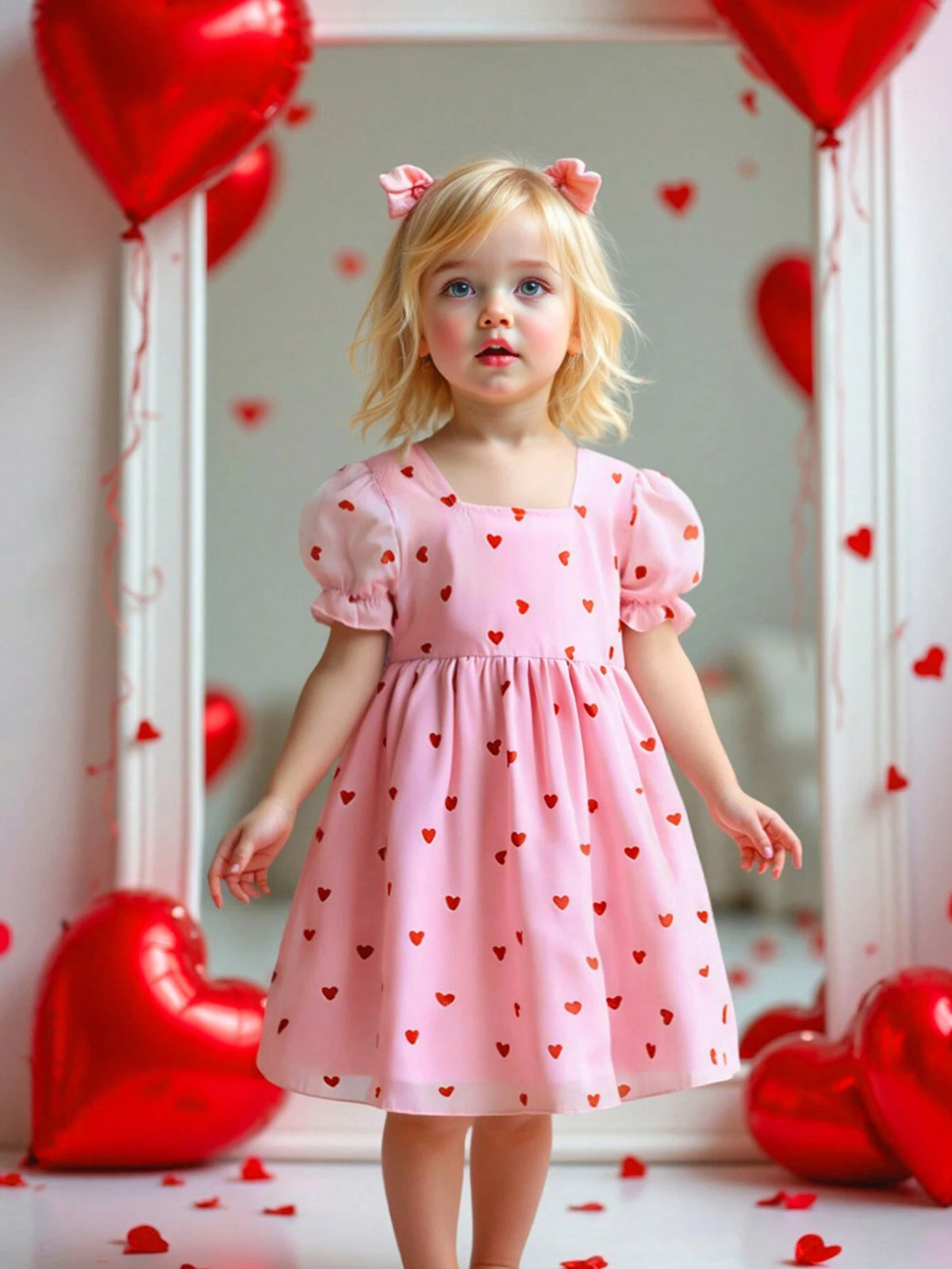 Girls Chiffon Heart Decor Puff Sleeve Square Neck Waisted A-Line Dress, New Arrival Summer Comfortable Fashion Cute Sweet Elegant Daily Outfit Essential