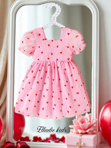 Girls Chiffon Heart Decor Puff Sleeve Square Neck Waisted A-Line Dress, New Arrival Summer Comfortable Fashion Cute Sweet Elegant Daily Outfit Essential