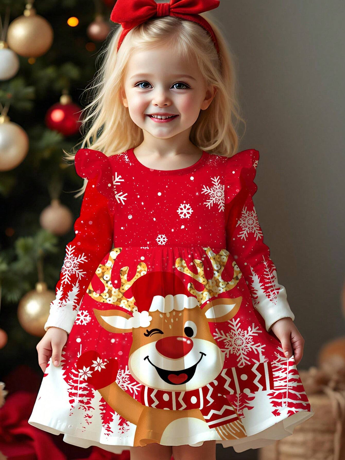 Girls' Christmas Cute Cartoon Deer, Christmas Tree & Snowflake Pattern Red Festive And Charming Cartoon Print Long Sleeve Dress, Suitable For Autumn/Winter