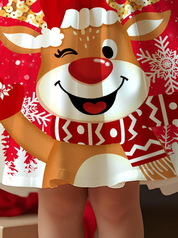 Girls' Christmas Cute Cartoon Deer, Christmas Tree & Snowflake Pattern Red Festive And Charming Cartoon Print Long Sleeve Dress, Suitable For Autumn/Winter