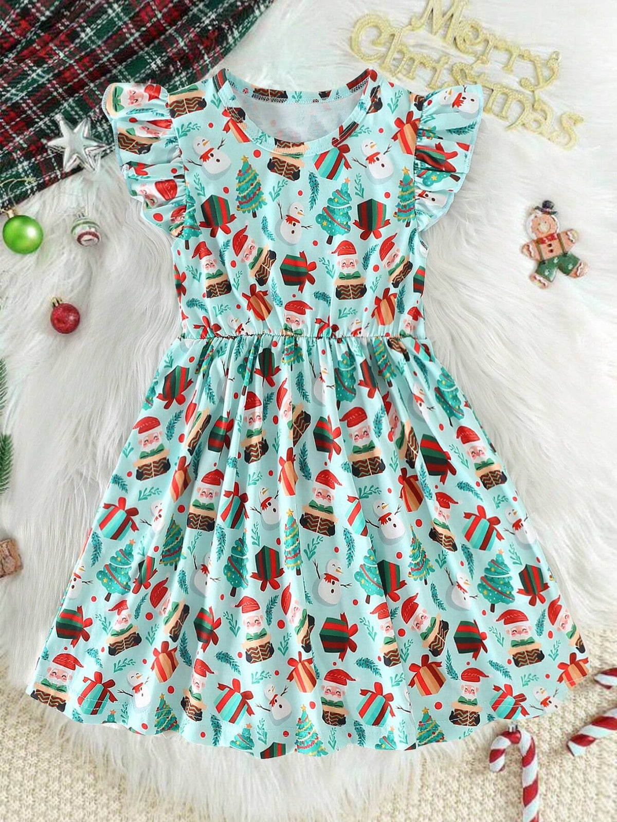 Girls Christmas Dress With Round Neck, Flared Hem, Shirred Waist And Christmas Elements, Casual Fashion Dress Suitable For Christmas Party